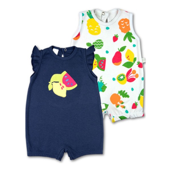 Macacao Bebe Menina Suedine Liso e Estampado Kit Macacao Body Sem Manga Menina Frutas 2 Pecas - Branco