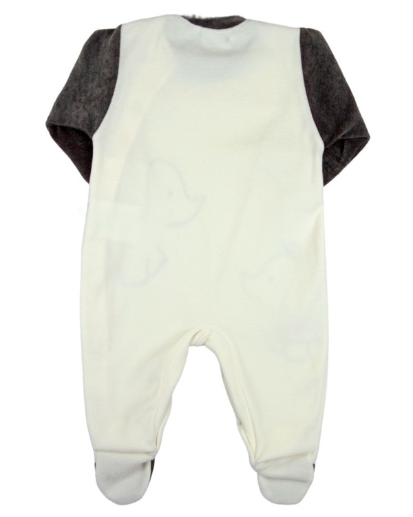 Encontraproduto.com.br - Macacão Bebê Menino Plush Bordados Aplicados Elefantinhos - Cinza