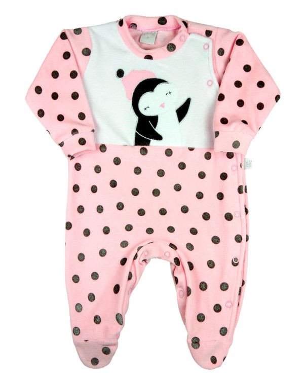 Macacão Bebê Menina Plush Estampado Bolinhas com Bordados Aplicados de Pinguim - Rosa