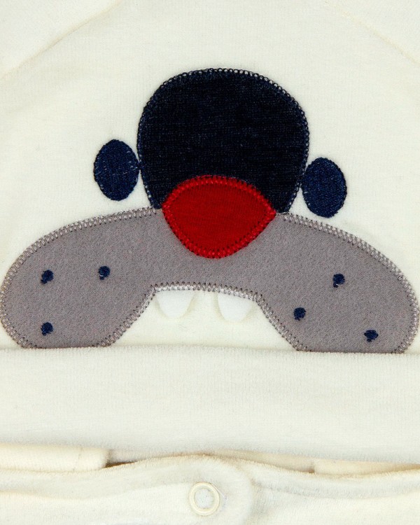 Encontraproduto.com.br - Touca de Bebe Plush com Botão Bordado de Cachorrinho Bulldog - Natural