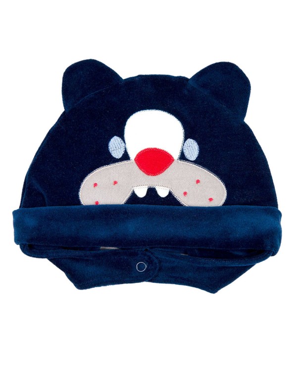 Encontraproduto.com.br - Touca de Bebe Plush com Botão Bordado de Cachorrinho Bulldog - Marinho