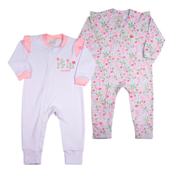 Macacao Bebe Suedine Ziper Menina Estampado e Liso Kit Macacão Suedine Algodao Floral 2 Pecas - Branco