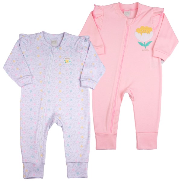 Macacao Bebe Suedine Menina Ziper Estampado e Liso Kit Macacão Suedine Algodao Bolinhas e Flor 2 Pc - Rosa