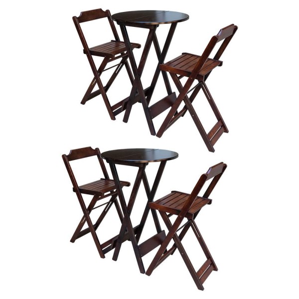 Encontraproduto.com.br - Kit 2 Jogos De Mesa Bistrô Dobrável Em Madeira Maciça Com 2 Banquetas Altas - Imbuia - Marrom