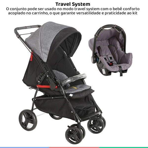 Encontraproduto.com.br - Carrinho Bebê Berço Passeio Até 15Kg Reversível Galzerano Preto Cinza Maranello II + Bebê Conforto