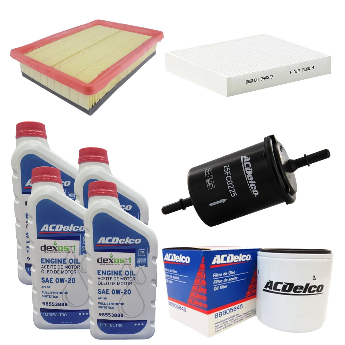 Encontraproduto.com.br - Kit Revisão 4 Litros 0W20 ACDelco Dexos1 + Filtros Cobalt Onix Prisma Spin 2017 em Diante 4 Cilindros