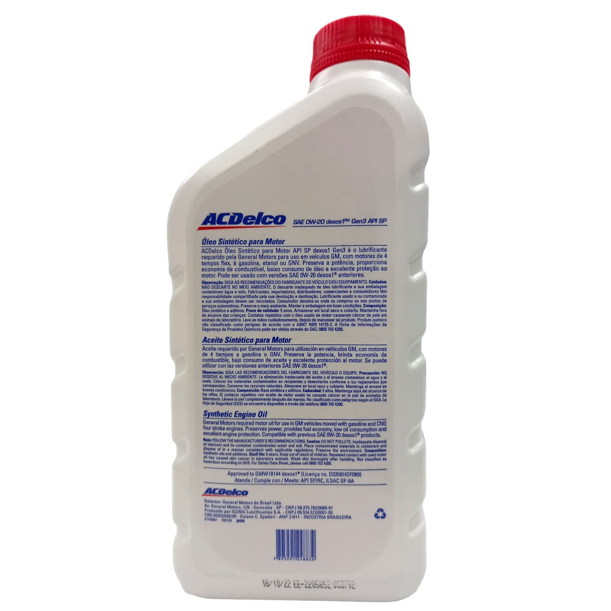 Encontraproduto.com.br - Óleo Lubrificante do Motor ACDelco SAE 0W20 Dexos 1 Gen 3 API SP 100% Sintético 1L