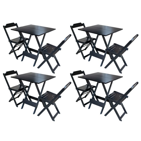 Encontraproduto.com.br - Kit 4 Conjuntos De Mesa Dobravel Com 2 Cadeiras De Madeira 70X70 - Pret - Preto