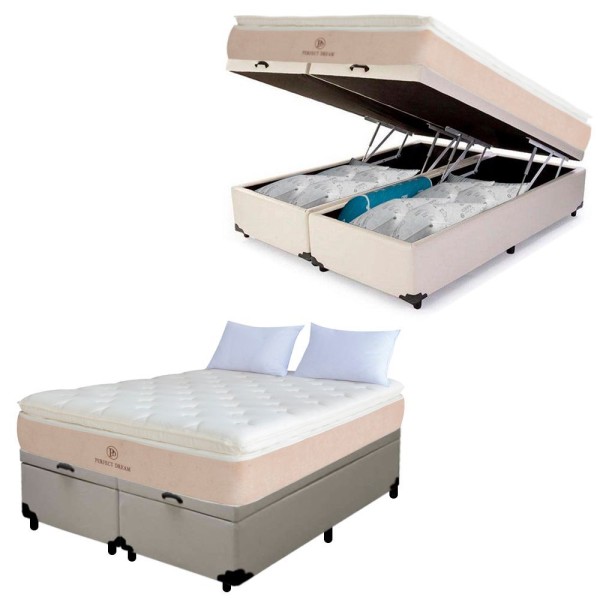 Cama Box Baú King Sintético + Colchão Prime King Molas Max Force Perfect Dream 193x203x81 Branco