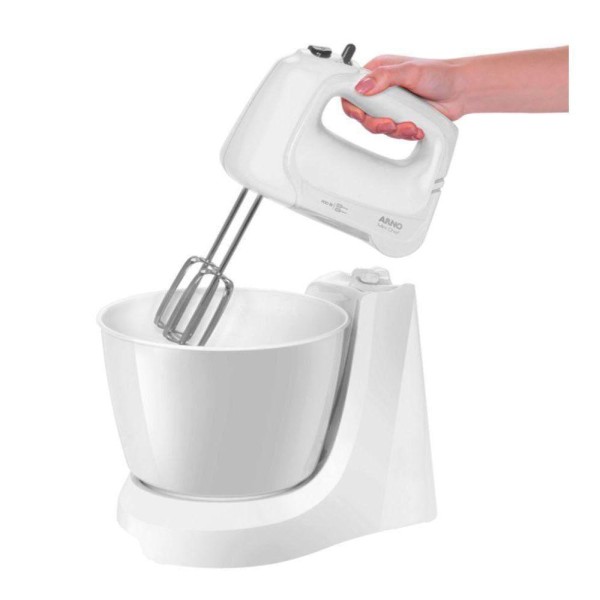 Encontraproduto.com.br - Batedeira Arno Mini Chef Portátil 400W com 2 Tigelas de 4 Litros 4 velocidades Função Pulsar Branca HM10
