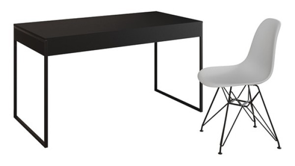 Encontraproduto.com.br - Escrivaninha Industrial Escritório Preta Malta Com 1 Cadeira Eames Eiffel Branca Base Cobre Marrom