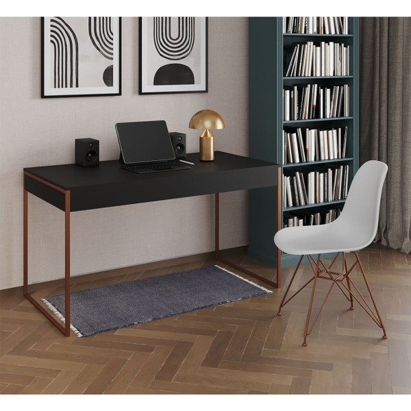Encontraproduto.com.br - Escrivaninha Industrial Escritório Preta Malta Com 1 Cadeira Eames Eiffel Branca Base Cobre Marrom