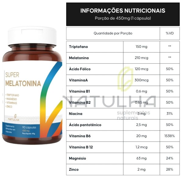 Encontraproduto.com.br - KIT 2X Super Melatonina com Triptofano, Magnésio, Zinco e Vitaminas 90 cápsulas - Natulha