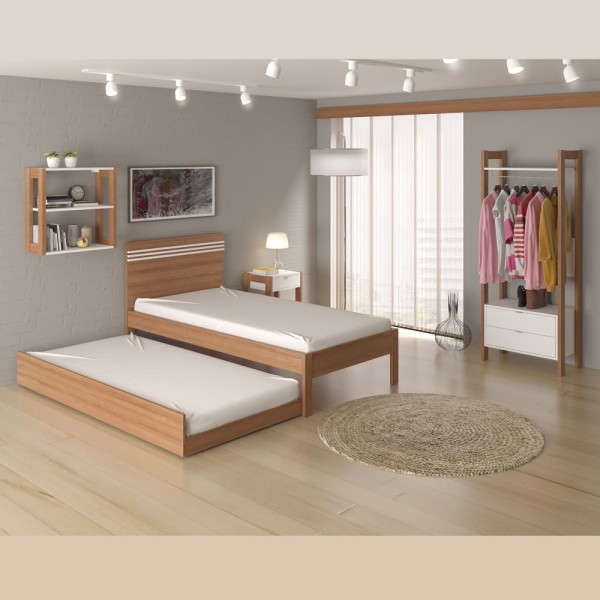 Encontraproduto.com.br - Kit Conjunto Cama de Solteiro Com Cabeceira e Bicama Cama Auxiliar Quarto Marrom Amêndoa e Branco