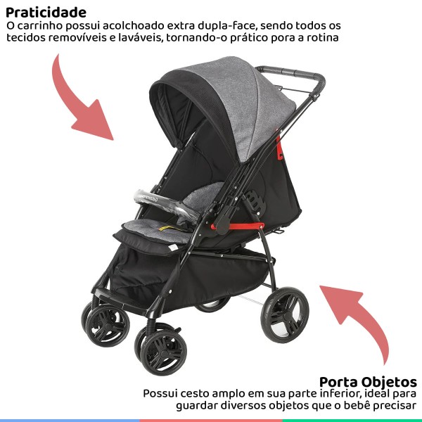 Encontraproduto.com.br - Carrinho Bebê Berço Passeio Até 15Kg Reversível Galzerano Cinza Preto Maranello II + Bebê Conforto