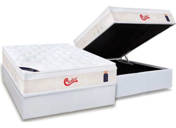 Conjunto Box Baú Casal: Colchão Molas Ensacadas Castor Pocke
