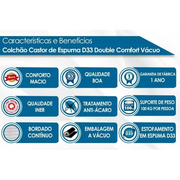 Encontraproduto.com.br - Conjunto Box Baú Casal: Colchão Espuma D33 Double Comfort Vácuo + Base Crc Courano Clean(138x188)