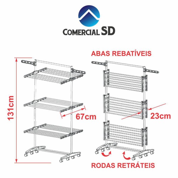 Encontraproduto.com.br - Varal De Chão 3 Andares Dobrável Com Rodinhas