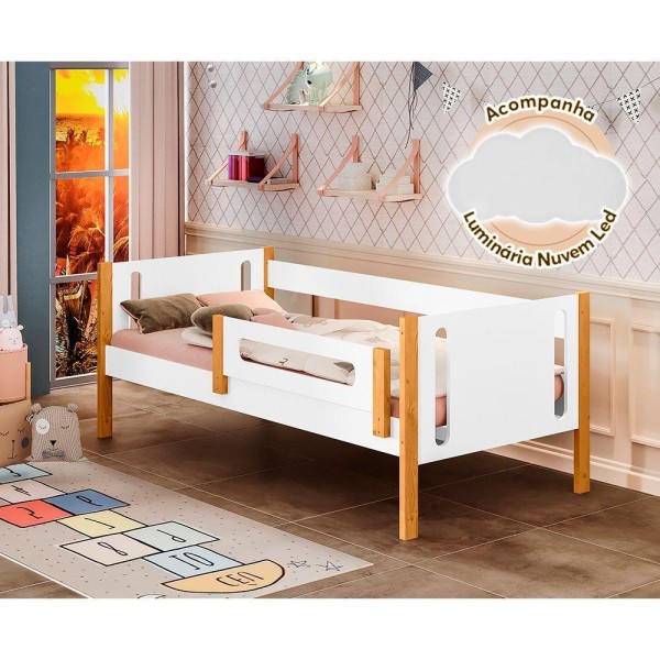 Cama Babá Infantil Mirela Branco/amêndoa Com Grade De Proteção Divaloto + Luminária Led Branco