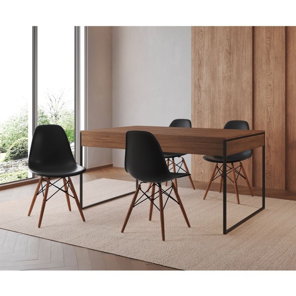 Encontraproduto.com.br - Mesa Jantar Industrial Retangular Amêndoa 137X90Cm Base Ferro Preto C/4 Cadeiras Pretas Amendoa