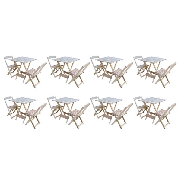 Kit 8 Jogos De Mesa Dobravel Com 2 Cadeiras De Madeira 70x70 - Sem Pintura
