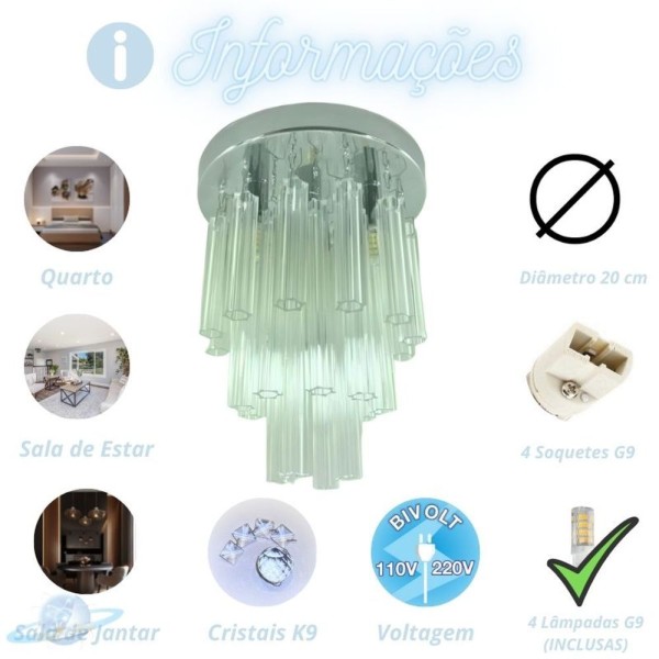 Encontraproduto.com.br - Kit Lustre Cristal Quadrado Plafon Redondo 20cm C- Lâmpada G9 5w Bf