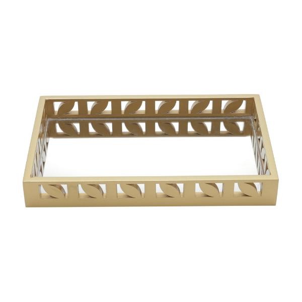 Bandeja retangular em madeira laqueada e espelho Woodart 47x34x4,5cm ouro velho