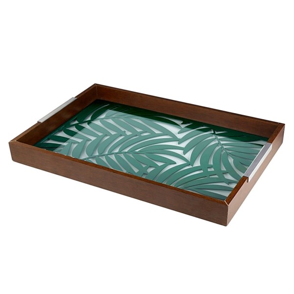 Encontraproduto.com.br - Bandeja Retangular Madeira Escura com Vidro Leaves Verde Rojemac 47x32cm 13119