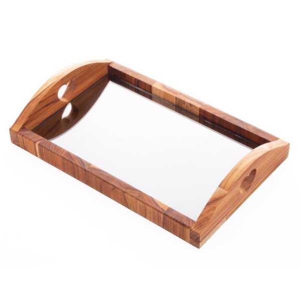 Encontraproduto.com.br - Bandeja Madeira Teca com Espelho Coração Black - 36 cm