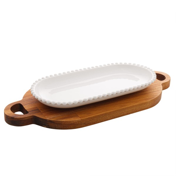 Encontraproduto.com.br - Travessa De Porcelana Com Suporte Madeira Teca 42,5x19,5x4cm