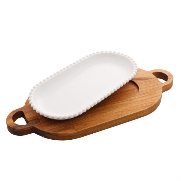Encontraproduto.com.br - Travessa De Porcelana Com Suporte Madeira Teca 42,5x19,5x4cm