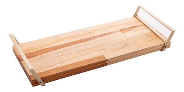 Encontraproduto.com.br - Bandeja de Madeira Teca com Aço Champanhe 41cm