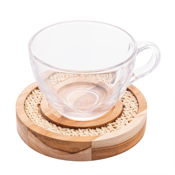 Encontraproduto.com.br - Conjunto 6 Xícaras de Chá de Cristal com Pires de Madeira e Sisal Teca 190ml - Wolff Craft