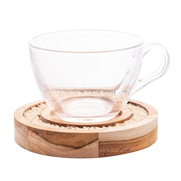Encontraproduto.com.br - Conjunto 6 Xícaras de Chá de Cristal com Pires de Madeira e Sisal Teca 190ml - Wolff Craft