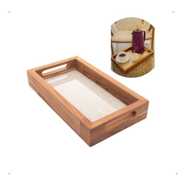 Bandeja de Madeira com Sisal Teca 30cm x 17cm x 5cm Wolff