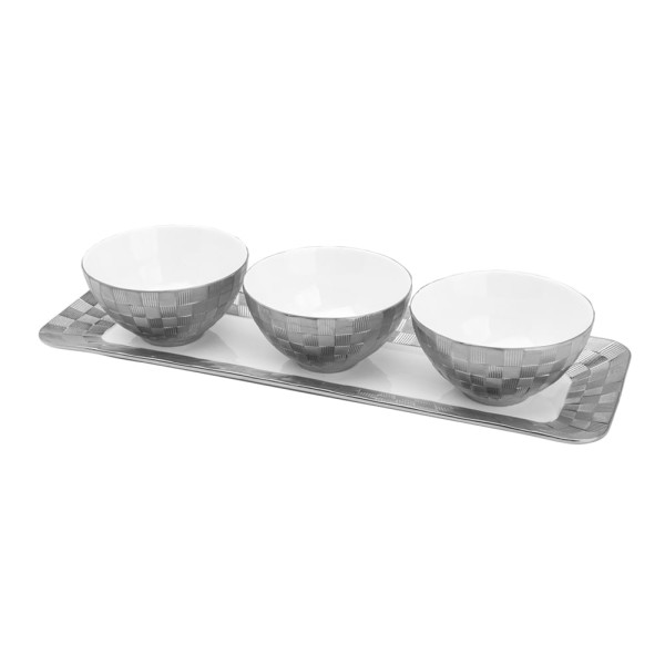 Encontraproduto.com.br - Conjunto com 3 petisqueiras porcelana e bandeja Vera silver 35x12x2cm