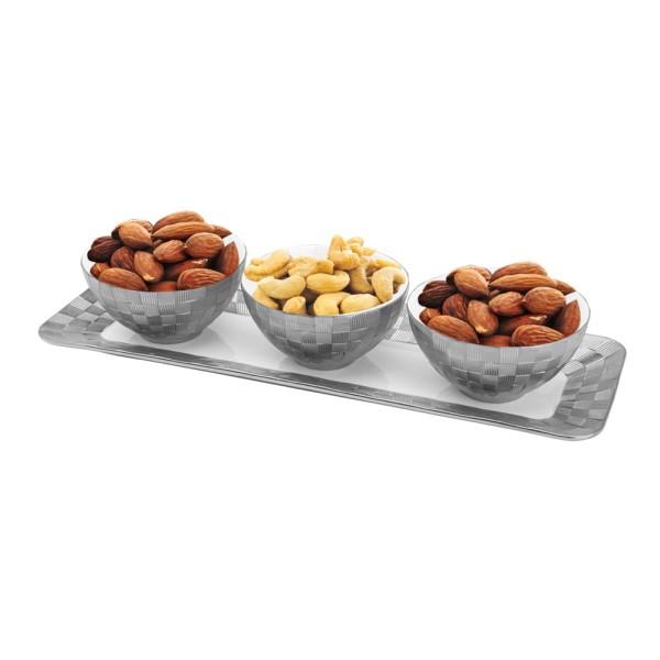 Encontraproduto.com.br - Conjunto com 3 petisqueiras porcelana e bandeja Vera silver 35x12x2cm