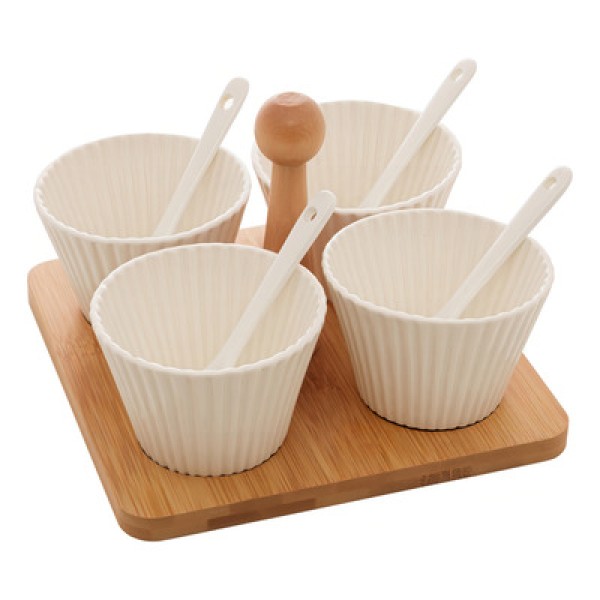Encontraproduto.com.br - Conjunto 4 Molheiras com Suporte de Bambu e Colher Branco 16cm x 16cm x 13cm - Wolff