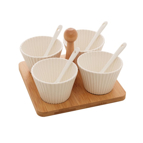 Encontraproduto.com.br - Conjunto 4 Molheiras com Suporte de Bambu e Colher Branco 16cm x 16cm x 13cm - Wolff