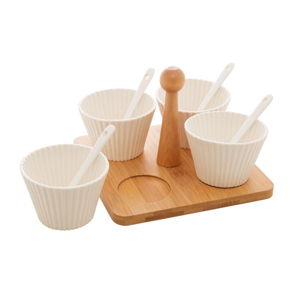 Encontraproduto.com.br - Conjunto 4 Molheiras com Suporte de Bambu e Colher Branco 16cm x 16cm x 13cm - Wolff