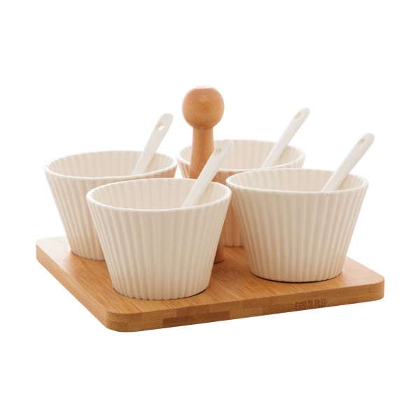 Encontraproduto.com.br - Conjunto 4 Molheiras com Suporte de Bambu e Colher Branco 16cm x 16cm x 13cm - Wolff