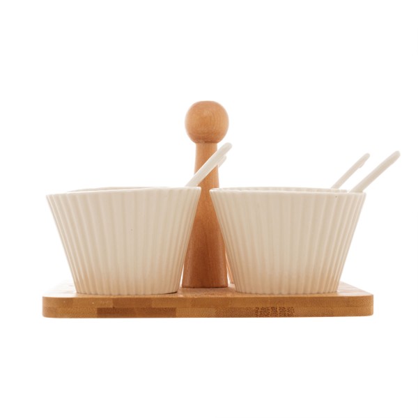 Encontraproduto.com.br - Conjunto 4 Molheiras com Suporte de Bambu e Colher Branco 16cm x 16cm x 13cm - Wolff