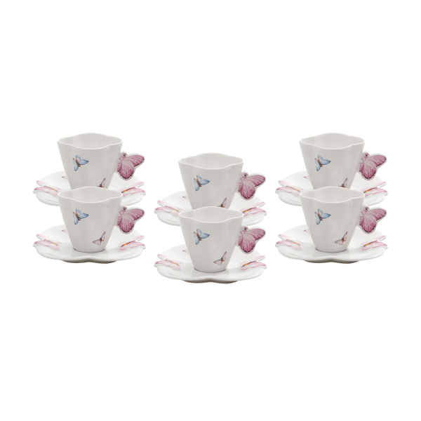 Jogo de 6 Xícaras de Café Porcelana com Pires Borboletas - 100ml