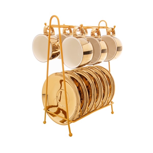 Encontraproduto.com.br - Conjunto 6 Xícaras de Café de Porcelana com Pires e Suporte Versa Dourado/Branco 90ml - Wolff