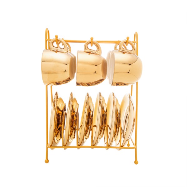 Encontraproduto.com.br - Conjunto 6 Xícaras de Café de Porcelana com Pires e Suporte Versa Dourado/Branco 90ml - Wolff