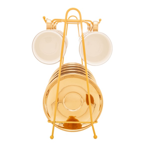 Encontraproduto.com.br - Conjunto 6 Xícaras de Café de Porcelana com Pires e Suporte Versa Dourado/Branco 90ml - Wolff