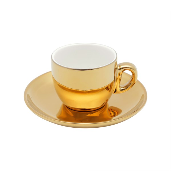 Encontraproduto.com.br - Conjunto 6 Xícaras de Café de Porcelana com Pires e Suporte Versa Dourado/Branco 90ml - Wolff