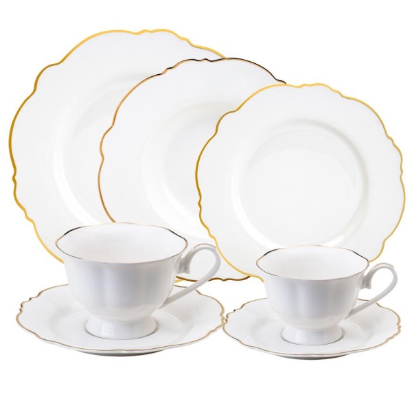 Encontraproduto.com.br - Aparelho de Jantar 42 Peças de Porcelana Maldivas Branco com Fio de Ouro - Wolff