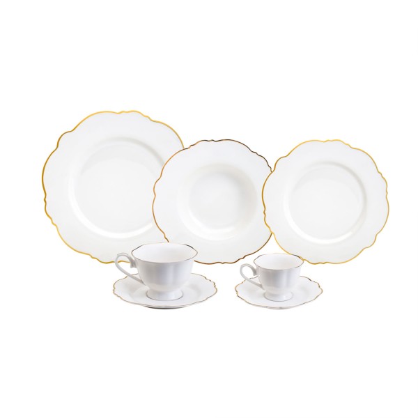 Encontraproduto.com.br - Aparelho de Jantar 42 Peças de Porcelana Maldivas Branco com Fio de Ouro - Wolff