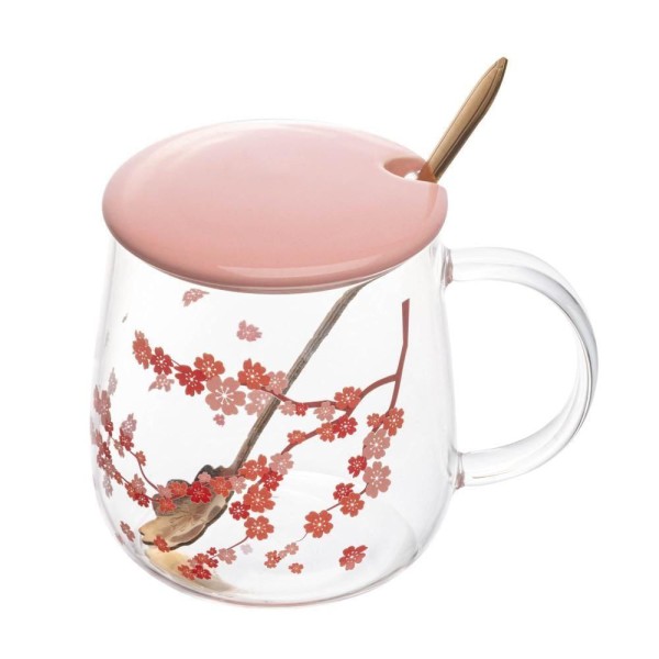 Encontraproduto.com.br - Caneca de Vidro Borossilicato com Tampa e Colher Sakura 500ml - Wolff